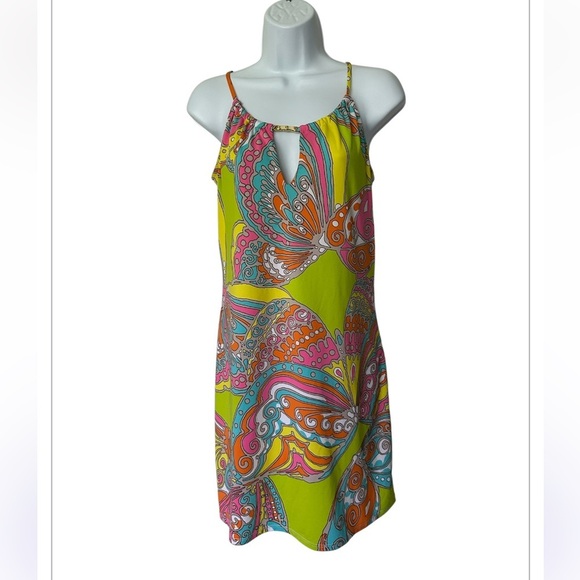 Trina Turk Butterfly Print Halter Dress Vivid Multicolor Excellent Size M - Picture 2 of 8